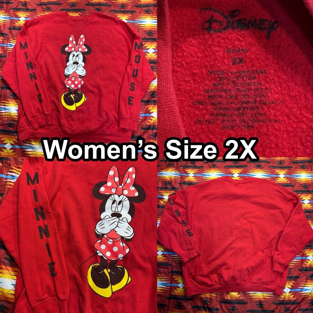 Disney Women’s Size 2X Minnie Mouse Red Crewneck Sweater Sleeve Lettering
